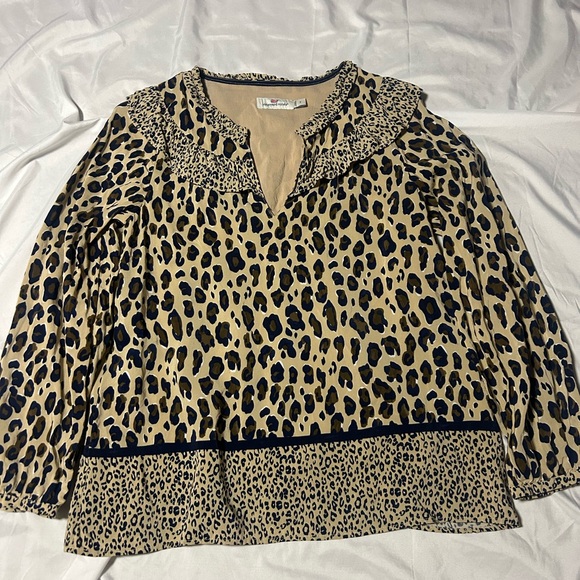 Vineyard Vines Borderline Ruffle Long Sleeve Blouse Women S Cheetah Lined - Picture 2 of 11